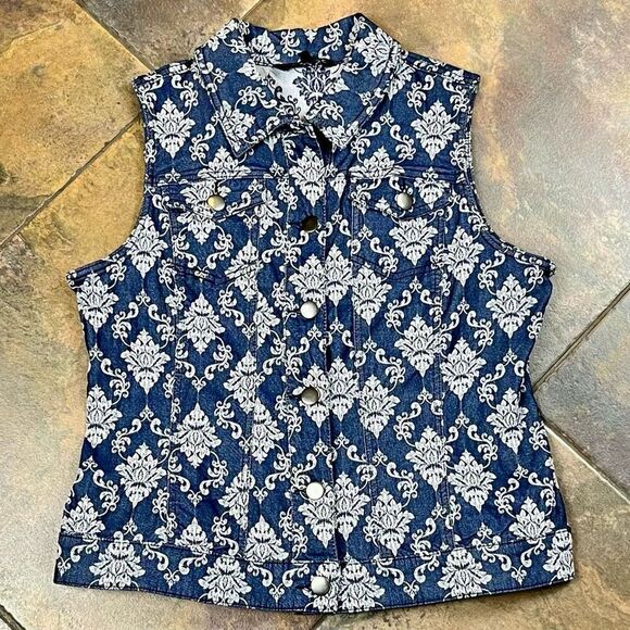 Baccini Floral Denim Style Sleeveless Button Down Collard Vest Large - Picture 4 of 9